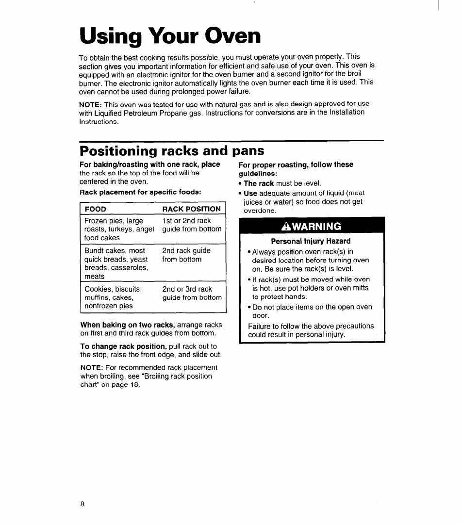 Positioning racks and, Pans, Using your oven | Warning | Whirlpool SB160PED User Manual | Page 8 / 36