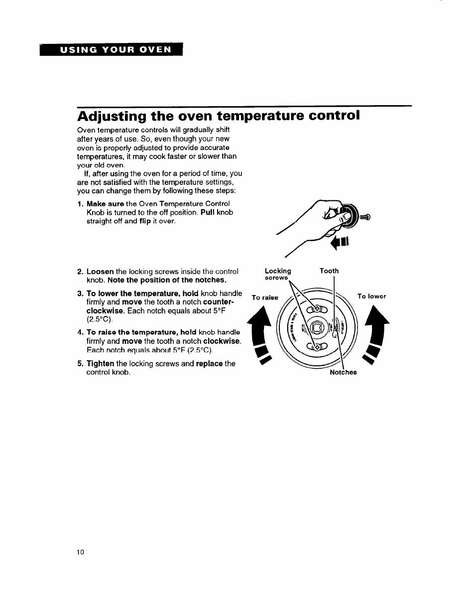 Adjusting the oven temperature control | Whirlpool RB1005XY User Manual | Page 10 / 26