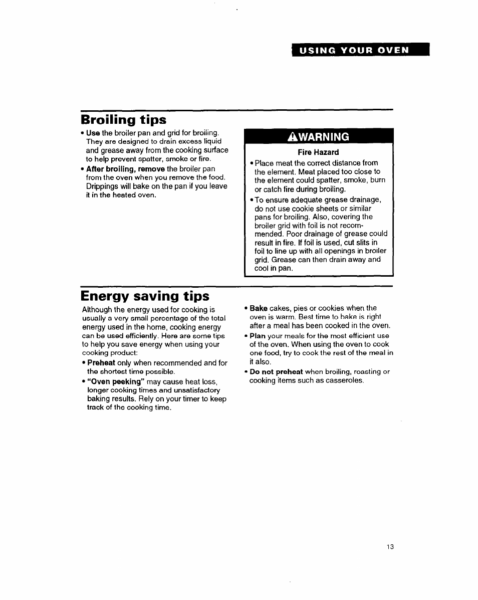 Broiling tips, Fire hazard, Energy saving tips | Whirlpool RB1005XY User Manual | Page 13 / 26