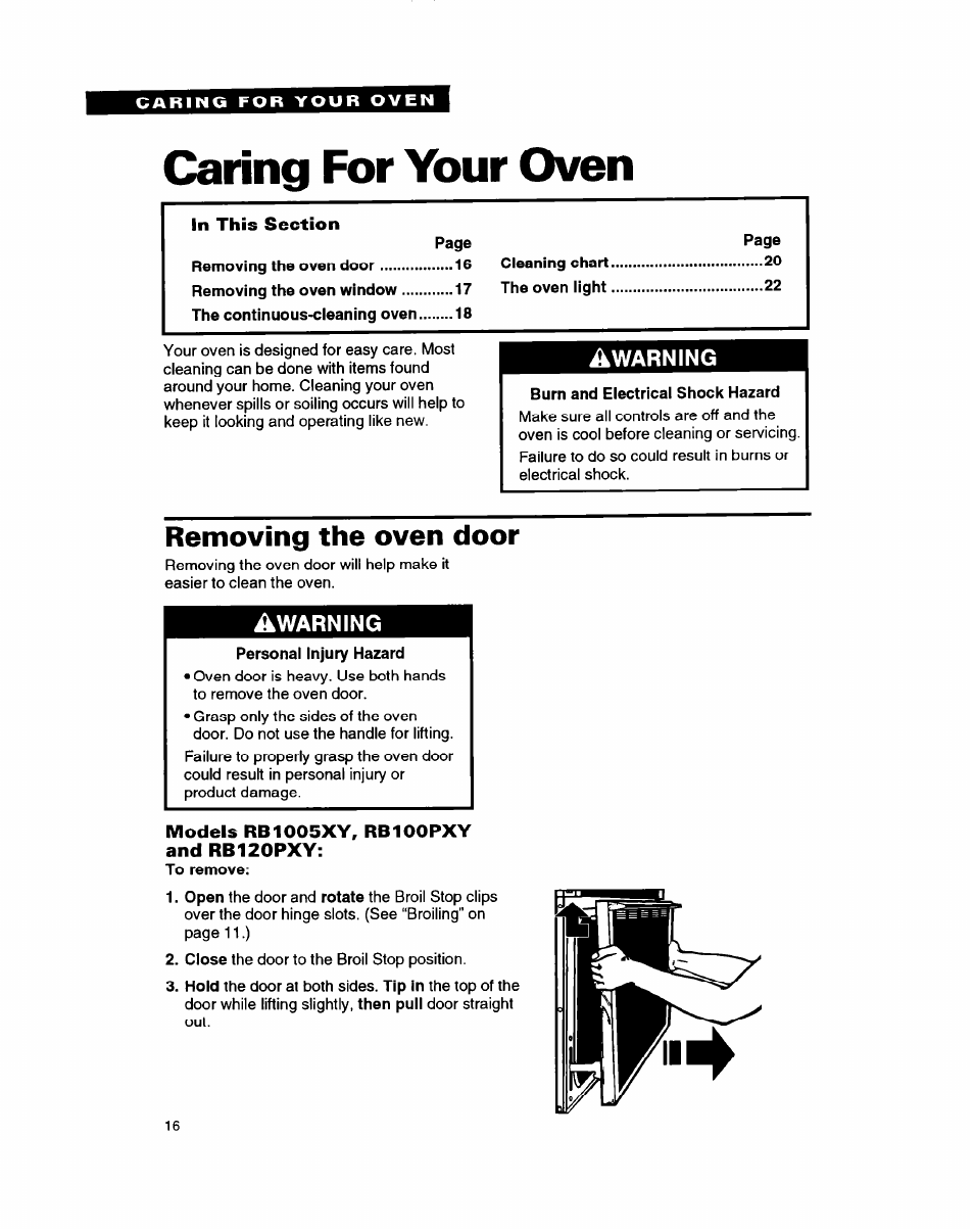 Caring for your oven, Burn and electrical shock hazard, Removing the oven door | Models rb1005xy, rb100pxy and rb120pxy | Whirlpool RB1005XY User Manual | Page 16 / 26