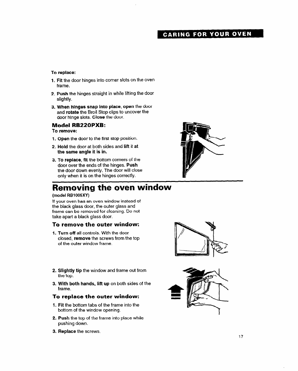 To replace, Model rb220pxb, Removing the oven window | To remove the outer window, To replace the outer window | Whirlpool RB1005XY User Manual | Page 17 / 26