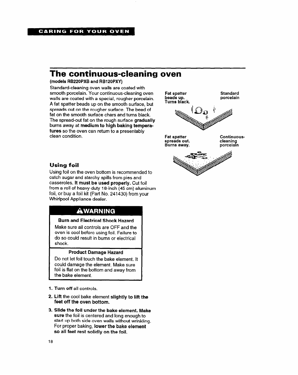 The continuous-cleaning oven, Using foil | Whirlpool RB1005XY User Manual | Page 18 / 26