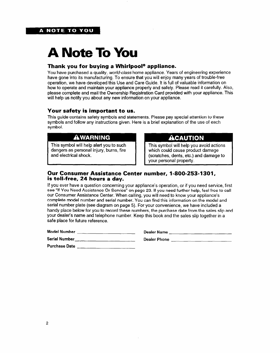 A note to you, Thank you for buying a whirlpool® appliance, Your safety is important to us | Whirlpool RB1005XY User Manual | Page 2 / 26