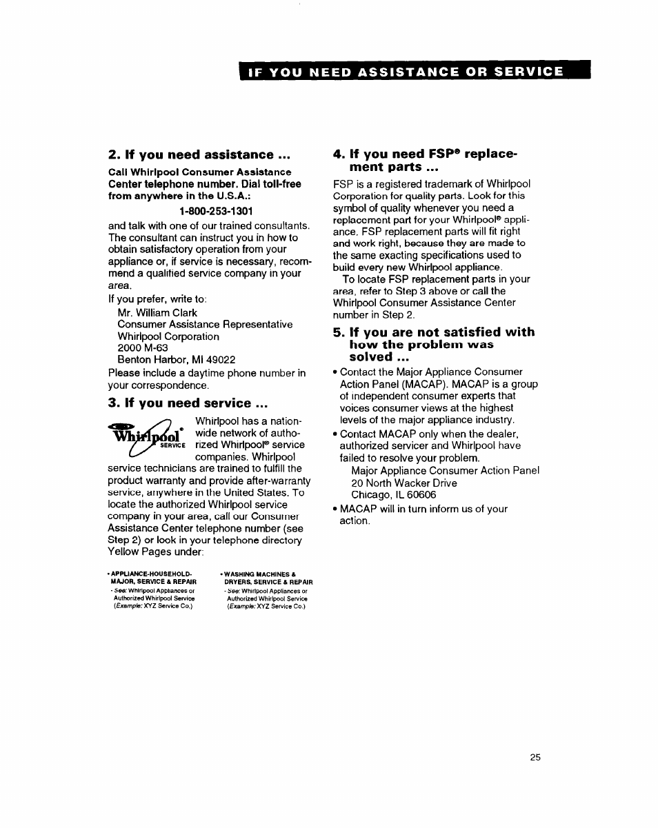 If you need assistance, If you need service, If you need fsp® replacement parts | If you need fsp® replace­ ment parts | Whirlpool RB1005XY User Manual | Page 25 / 26