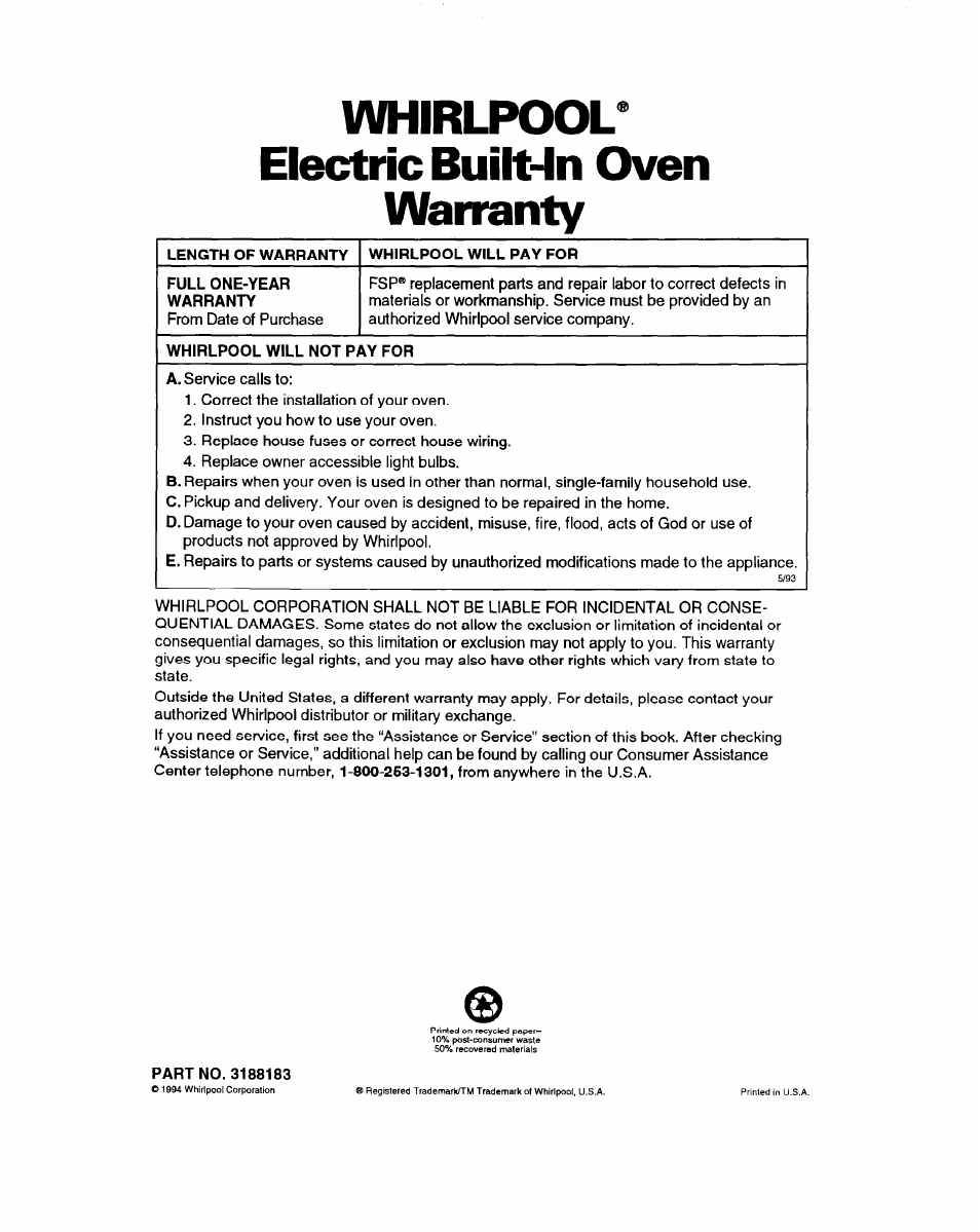 Whirlpool® electric built-in oven warranty | Whirlpool RB1005XY User Manual | Page 26 / 26