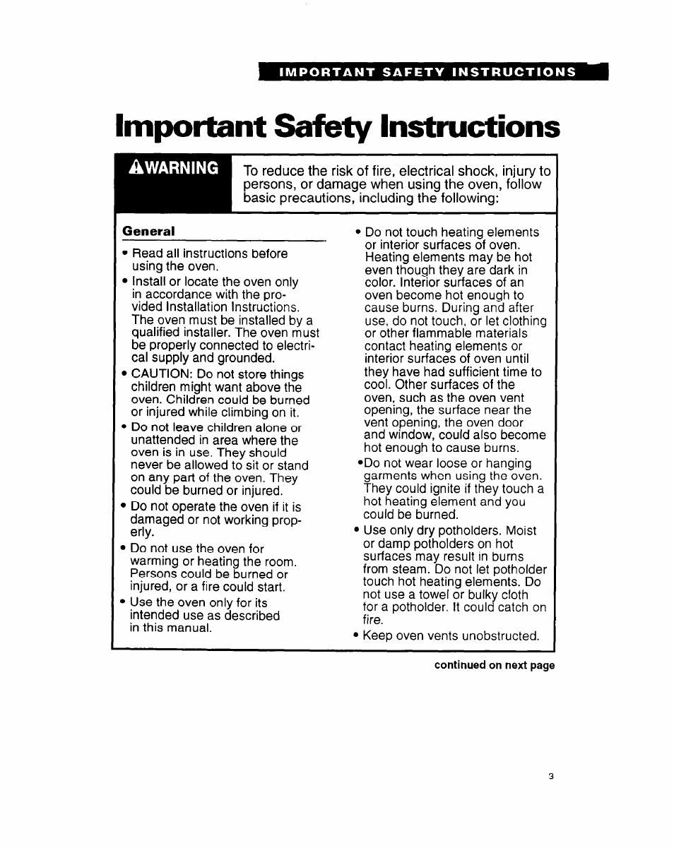 Important safety instructions | Whirlpool RB1005XY User Manual | Page 3 / 26