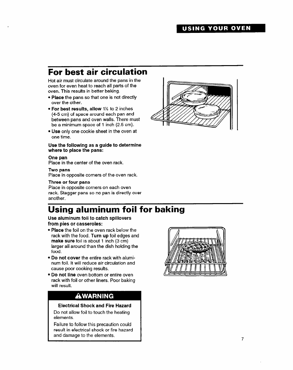 For best air circulation, Using aluminum foil for baking, Electrical shock and fire hazard | Dbqh | Whirlpool RB1005XY User Manual | Page 7 / 26