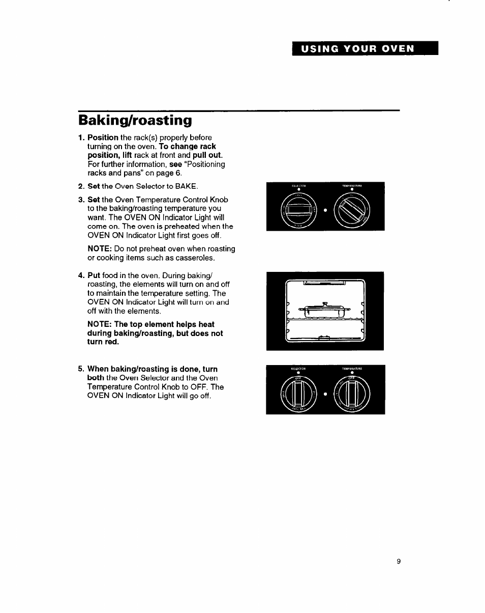 Baking/roasting, When baking/roasting is done, turn | Whirlpool RB1005XY User Manual | Page 9 / 26