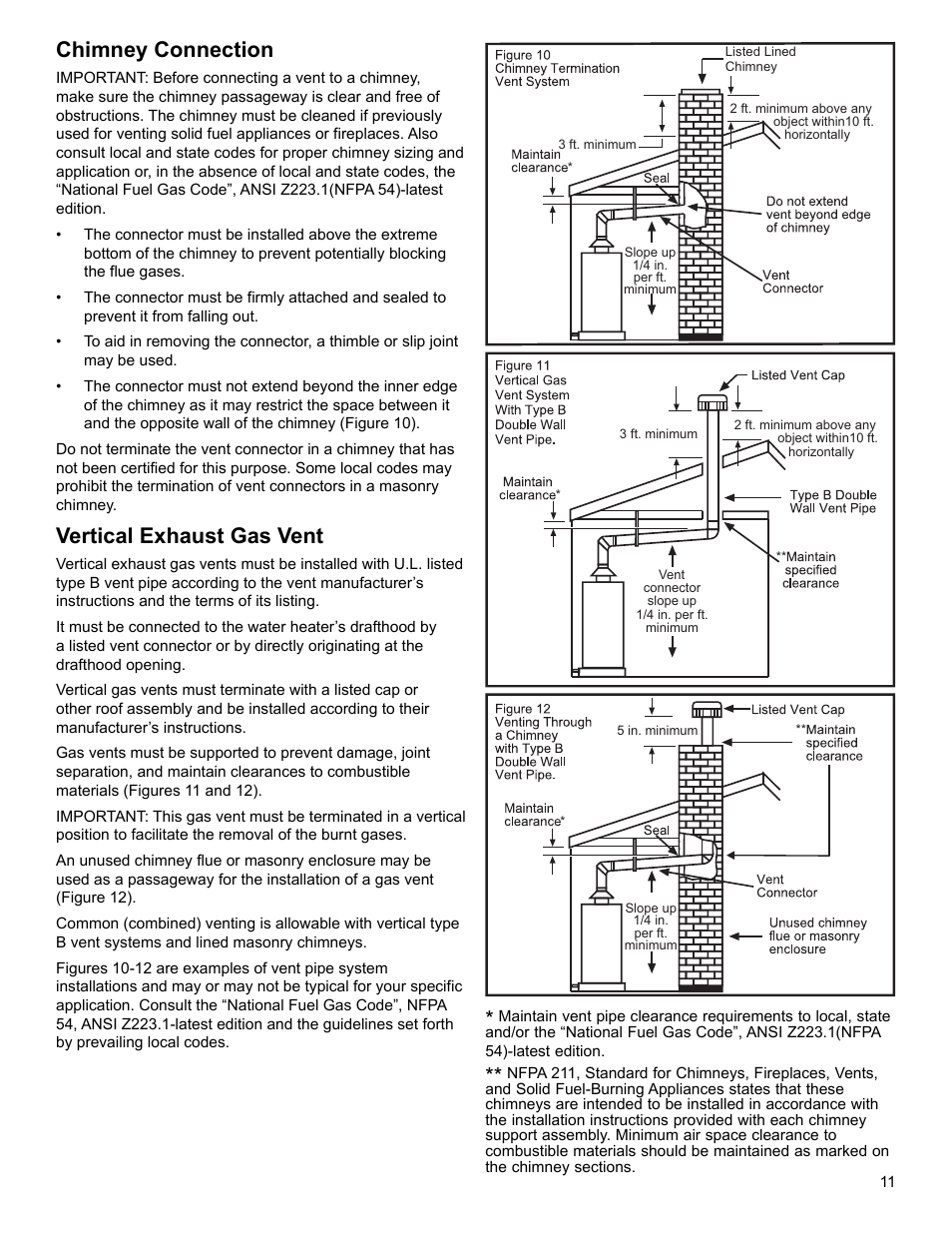 Chimney connection, Vertical exhaust gas vent | Whirlpool SG1J4040T3NOV 7K User Manual | Page 11 / 32