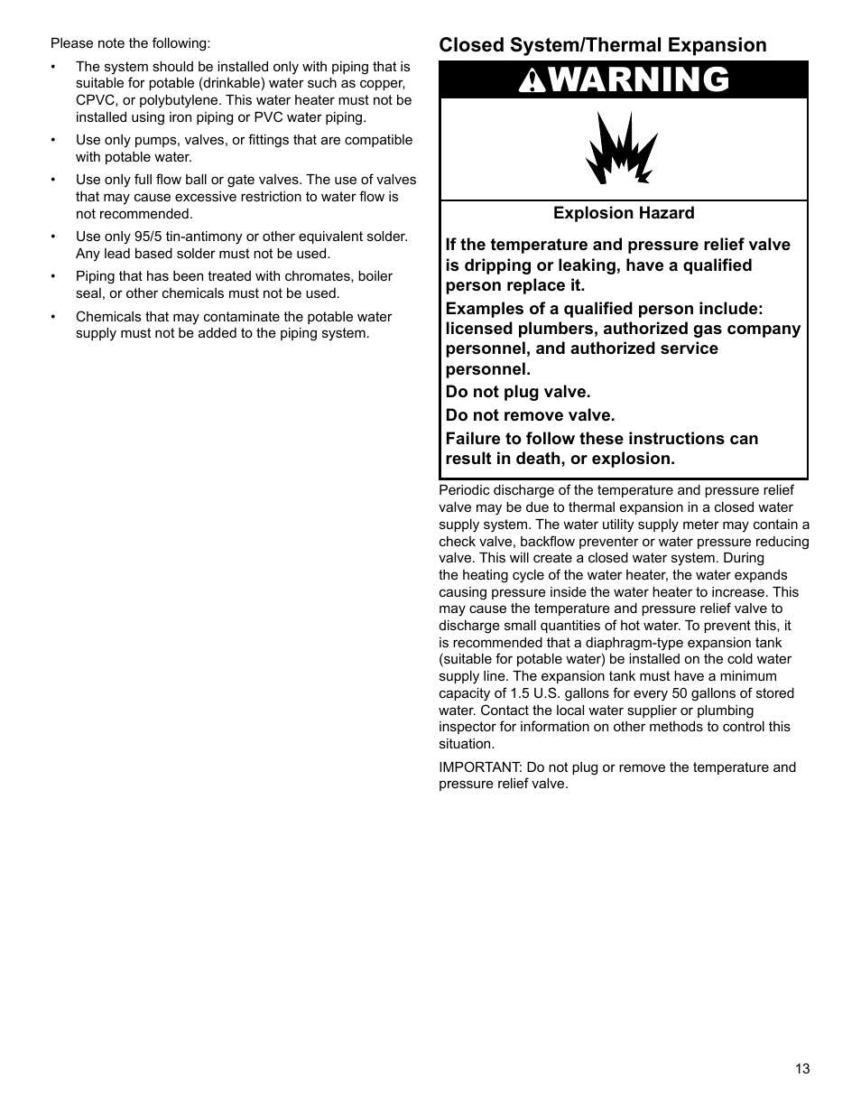 Warning, Closed system/thermal expansion | Whirlpool SG1J4040T3NOV 7K User Manual | Page 13 / 32