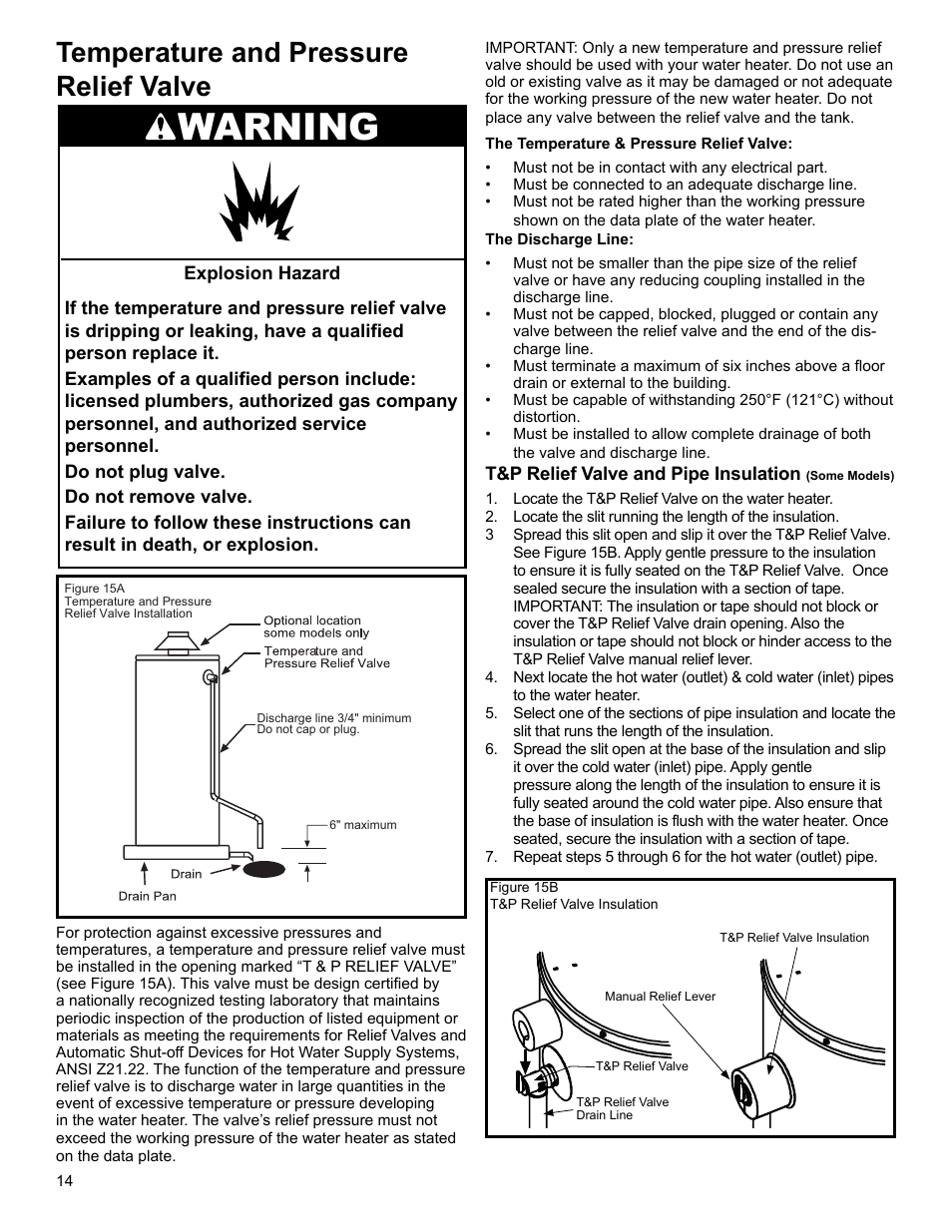 Warning, Temperature and pressure relief valve | Whirlpool SG1J4040T3NOV 7K User Manual | Page 14 / 32