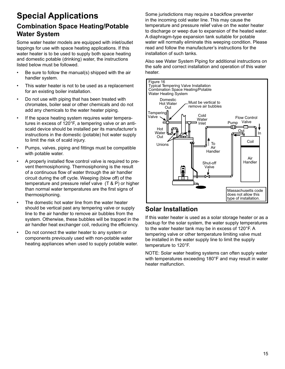 Special applications, Combination space heating/potable water system, Solar installation | Whirlpool SG1J4040T3NOV 7K User Manual | Page 15 / 32