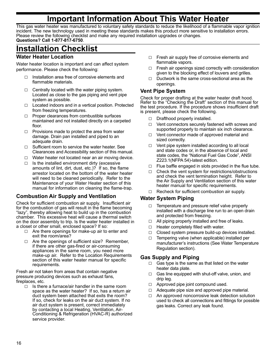 Important information about this water heater, Installation checklist | Whirlpool SG1J4040T3NOV 7K User Manual | Page 16 / 32