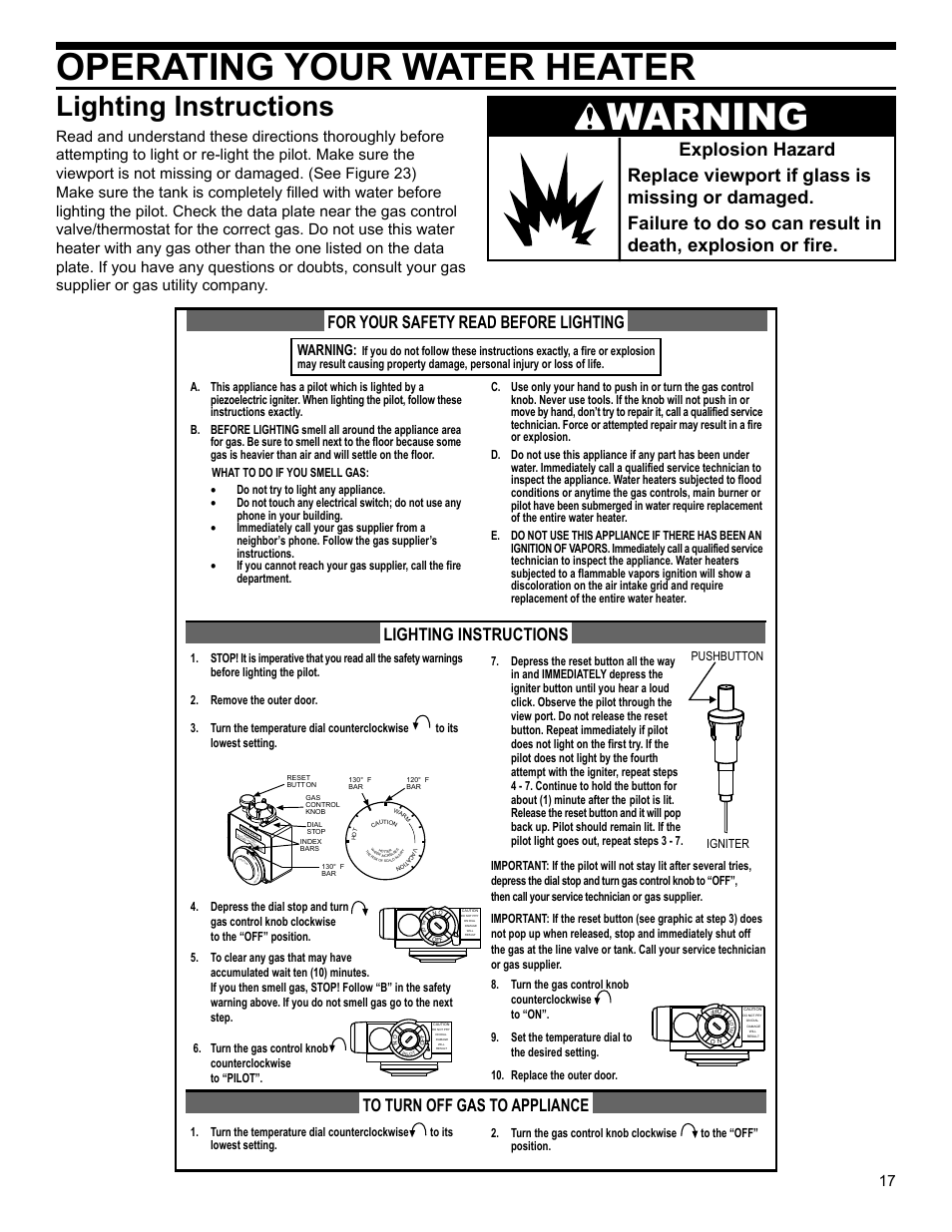 Operating your water heater, Lighting instructions, Warning | Ca t io n | Whirlpool SG1J4040T3NOV 7K User Manual | Page 17 / 32