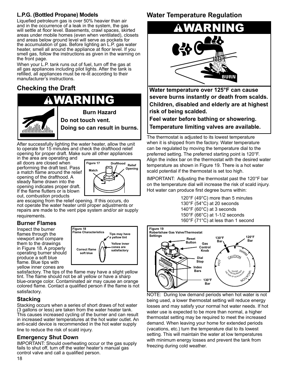 Warning, Checking the draft, Water temperature regulation | L.p.g. (bottled propane) models, Burner flames, Stacking, Emergency shut down | Whirlpool SG1J4040T3NOV 7K User Manual | Page 18 / 32