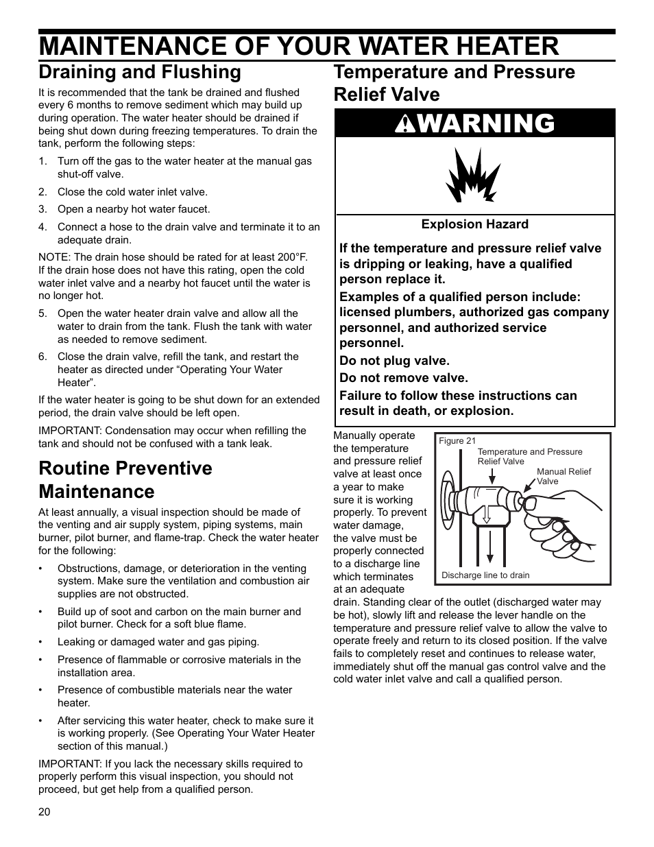 Maintenance of your water heater, Warning, Draining and flushing | Routine preventive maintenance, Temperature and pressure relief valve | Whirlpool SG1J4040T3NOV 7K User Manual | Page 20 / 32