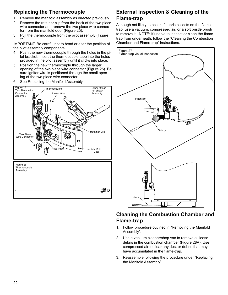 Replacing the thermocouple, External inspection & cleaning of the flame-trap, Cleaning the combustion chamber and flame-trap | Whirlpool SG1J4040T3NOV 7K User Manual | Page 22 / 32