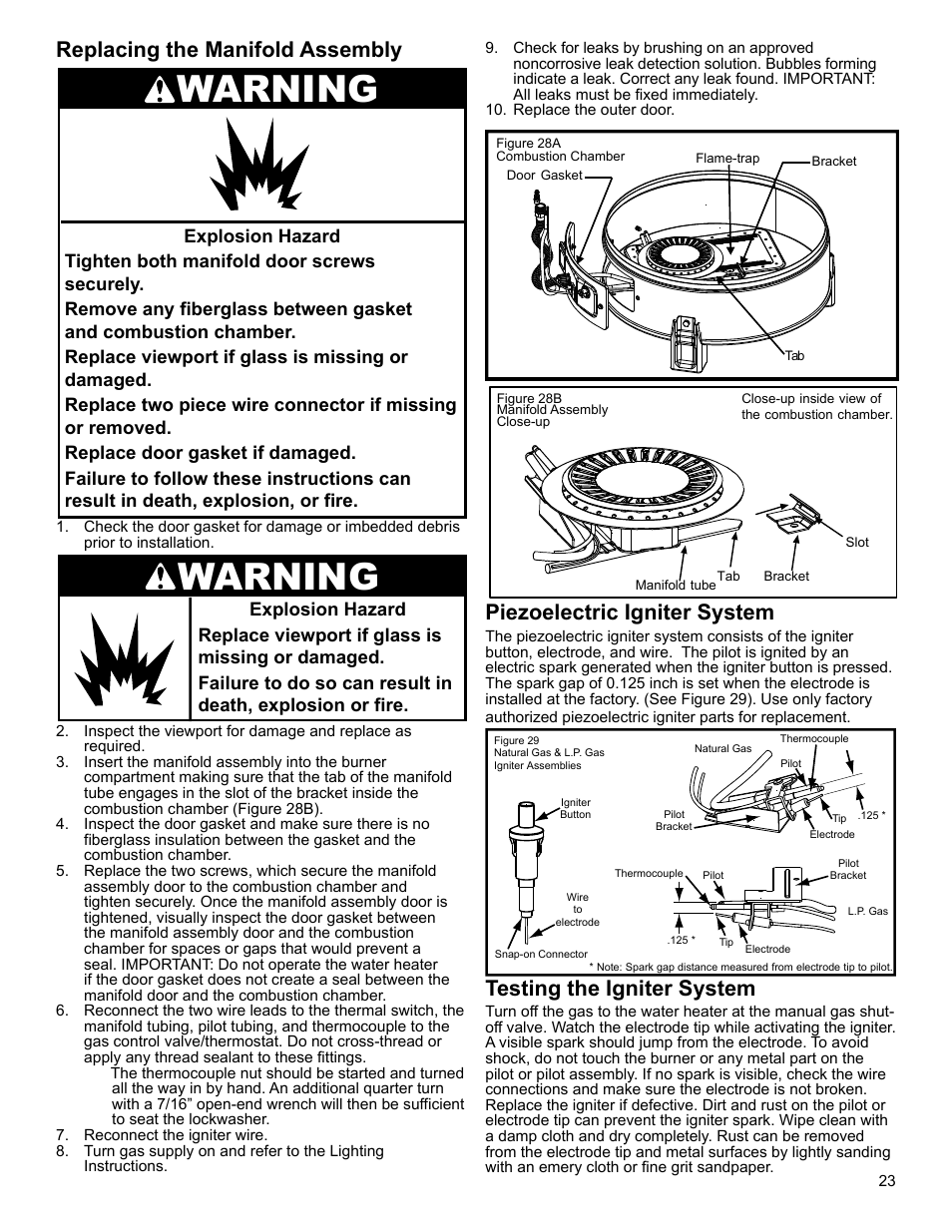 Warning, Piezoelectric igniter system, Testing the igniter system | Replacing the manifold assembly | Whirlpool SG1J4040T3NOV 7K User Manual | Page 23 / 32