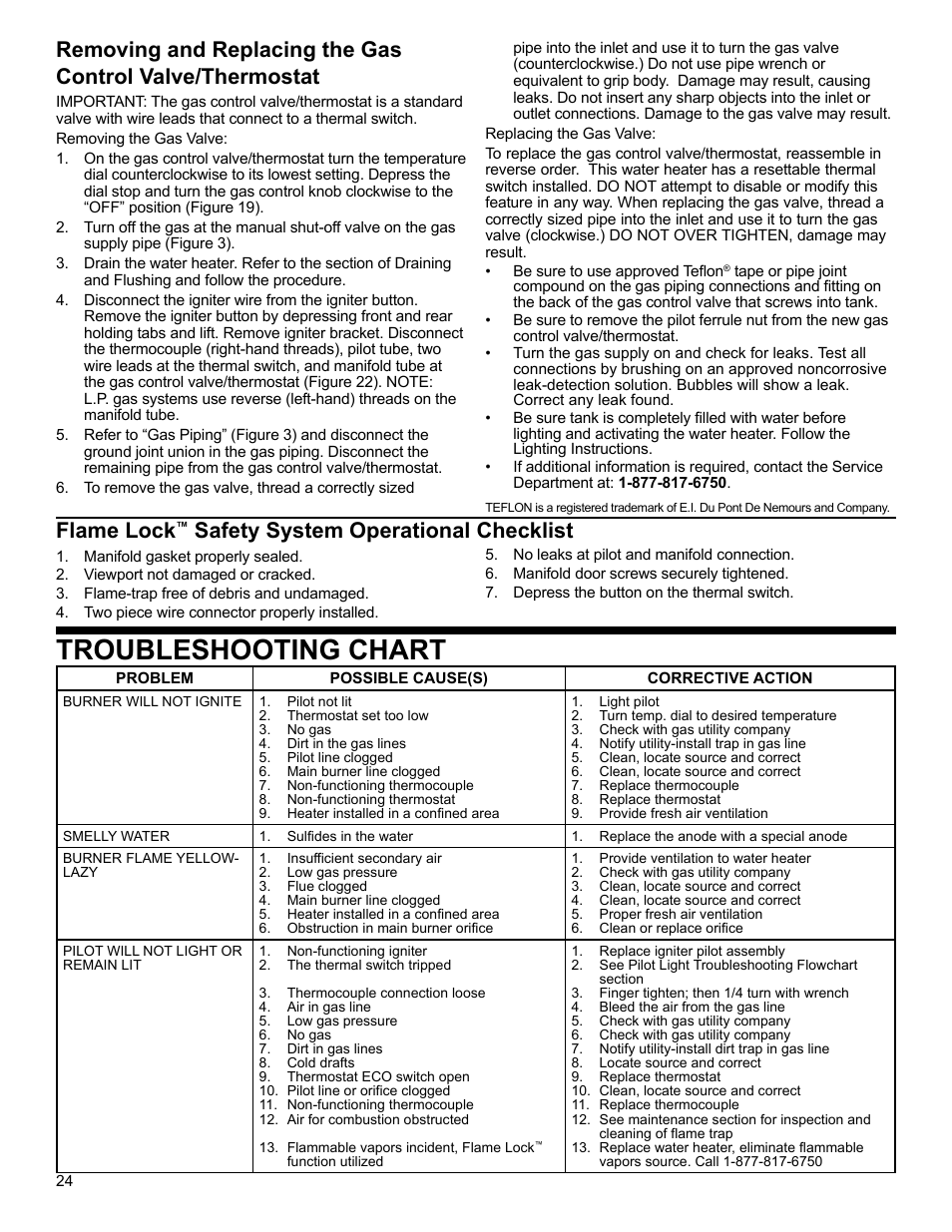 Troubleshooting chart, Flame lock, Safety system operational checklist | Whirlpool SG1J4040T3NOV 7K User Manual | Page 24 / 32