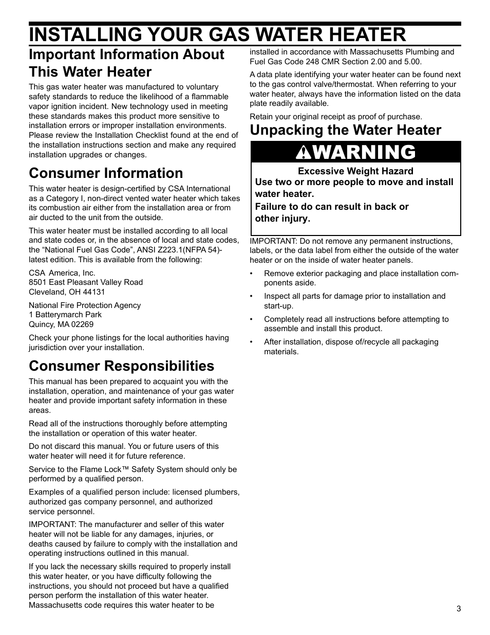 Installing your gas water heater, Warning, Important information about this water heater | Consumer information, Consumer responsibilities, Unpacking the water heater | Whirlpool SG1J4040T3NOV 7K User Manual | Page 3 / 32