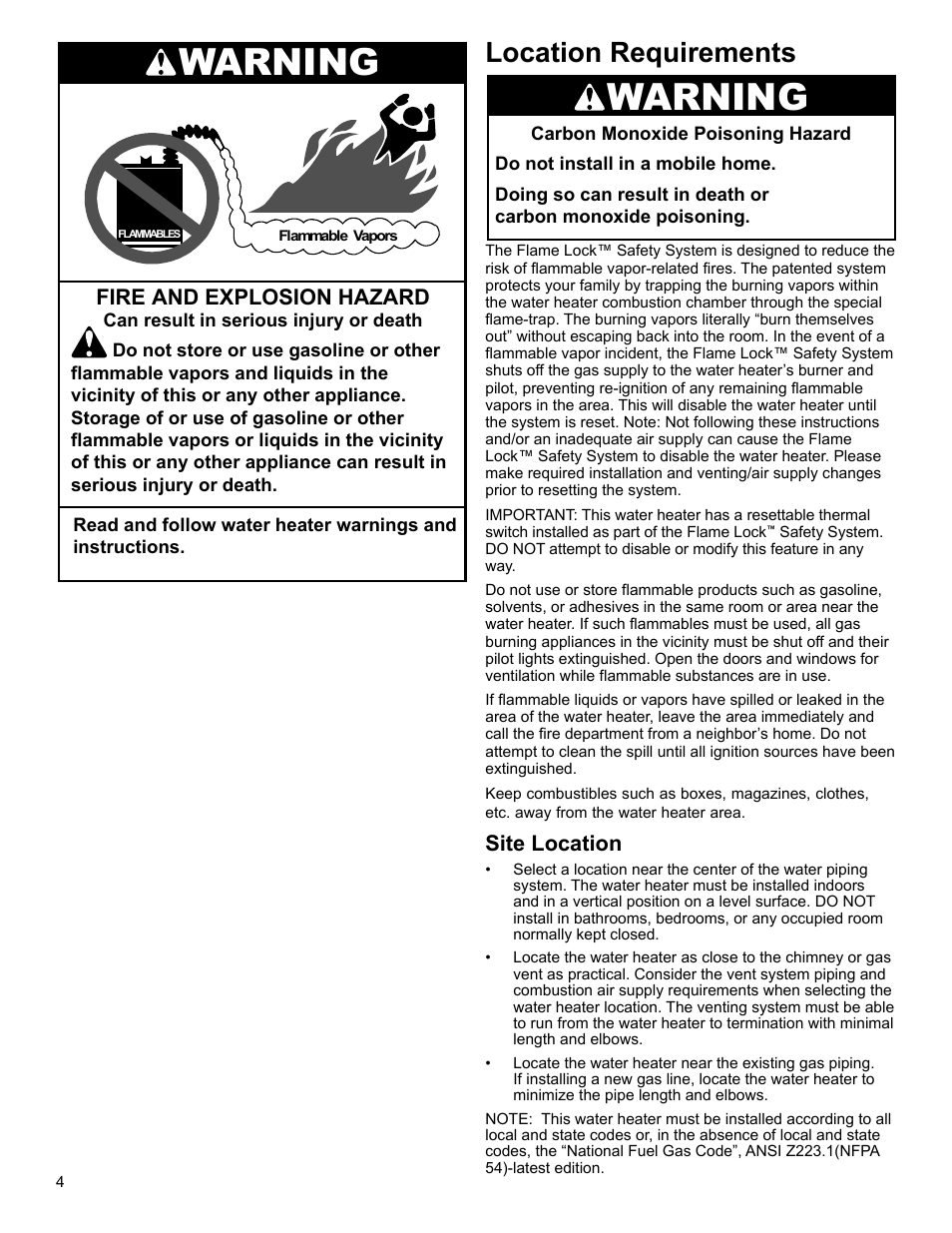 Warning, Location requirements, Site location | Fire and explosion hazard | Whirlpool SG1J4040T3NOV 7K User Manual | Page 4 / 32