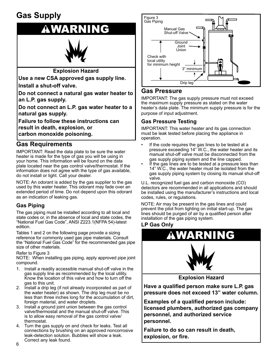 Warning, Gas supply, Gas requirements | Gas pressure | Whirlpool SG1J4040T3NOV 7K User Manual | Page 6 / 32