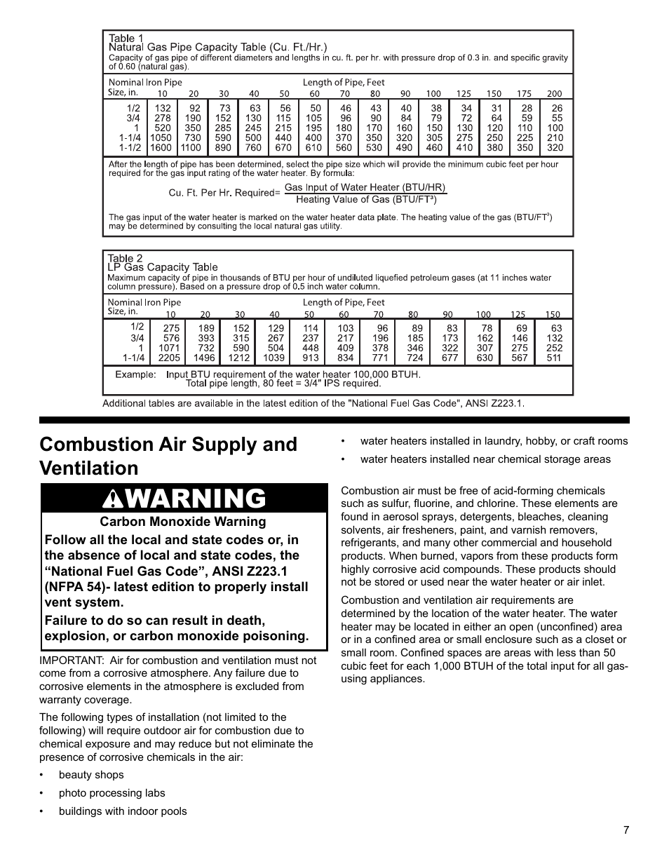 Warning, Combustion air supply and ventilation | Whirlpool SG1J4040T3NOV 7K User Manual | Page 7 / 32