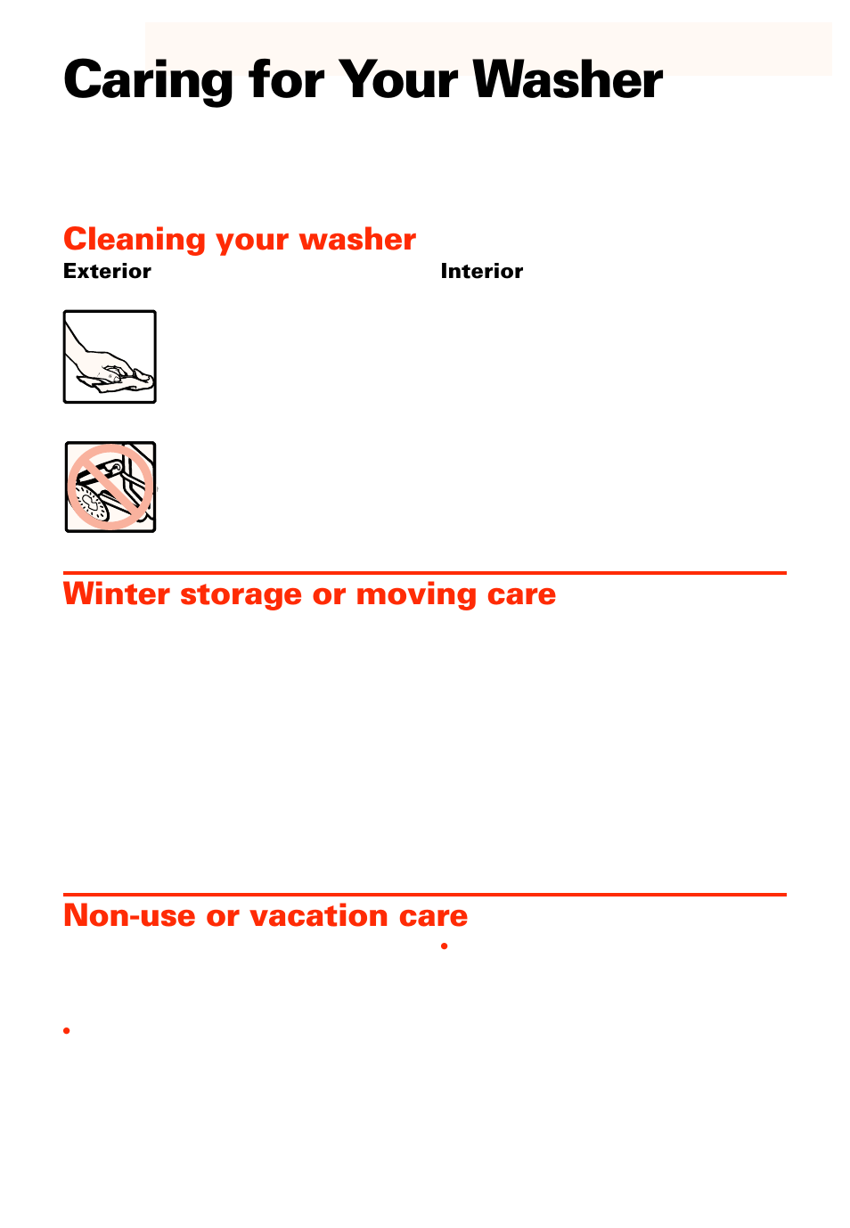 Caring for your washer, Cleaning your washer, Winter storage or moving care | Non-use or vacation care | Whirlpool LXR9245EQ0 User Manual | Page 11 / 24