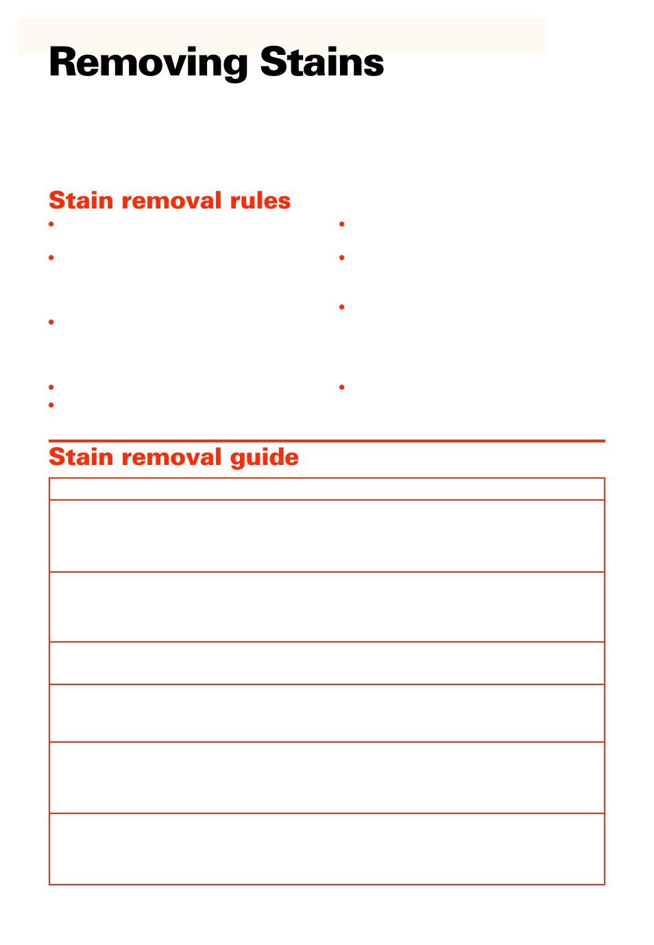 Removing stains, Stain removal rules, Stain removal guide | Whirlpool LXR9245EQ0 User Manual | Page 16 / 24