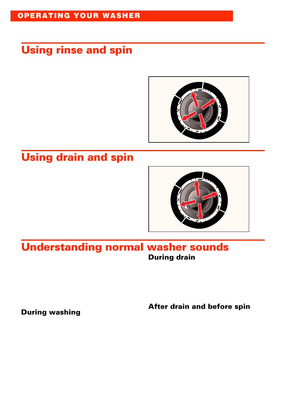 Using rinse and spin, Using drain and spin, Understanding normal washer sounds | During washing, During drain, After drain and before spin | Whirlpool LXR9245EQ0 User Manual | Page 8 / 24