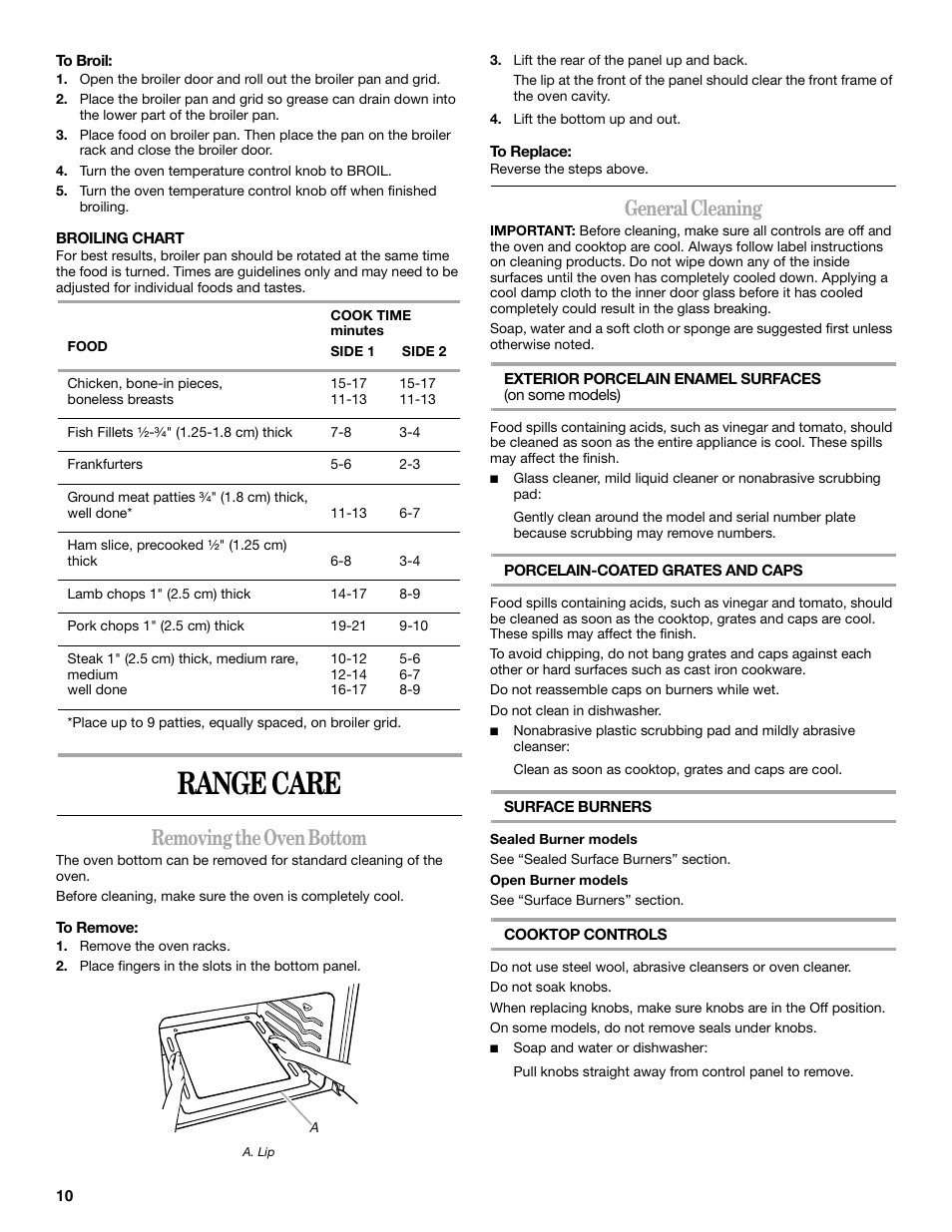 Range care, Removing the oven bottom, General cleaning | Whirlpool 98017488 User Manual | Page 10 / 28