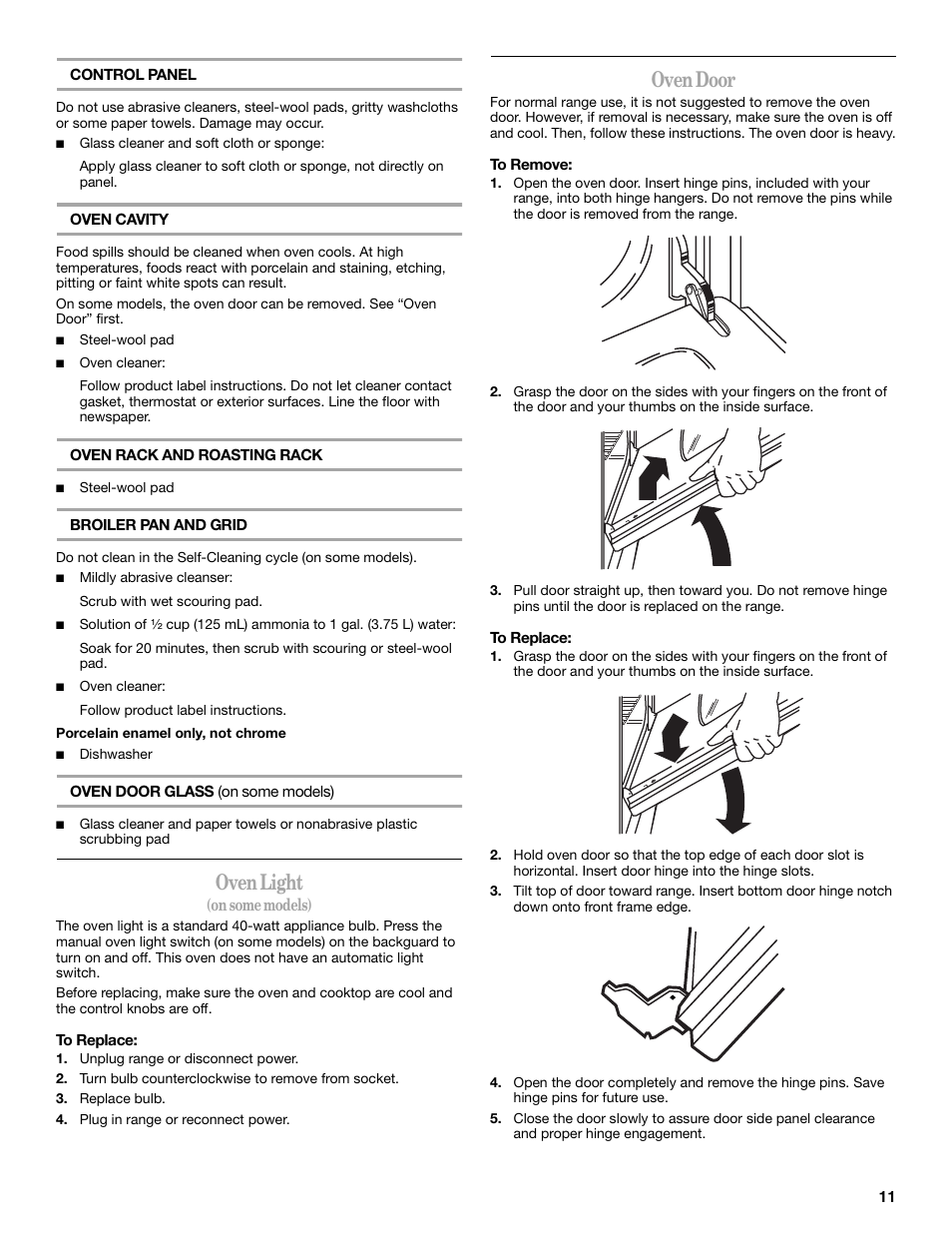 Oven light, Oven door | Whirlpool 98017488 User Manual | Page 11 / 28
