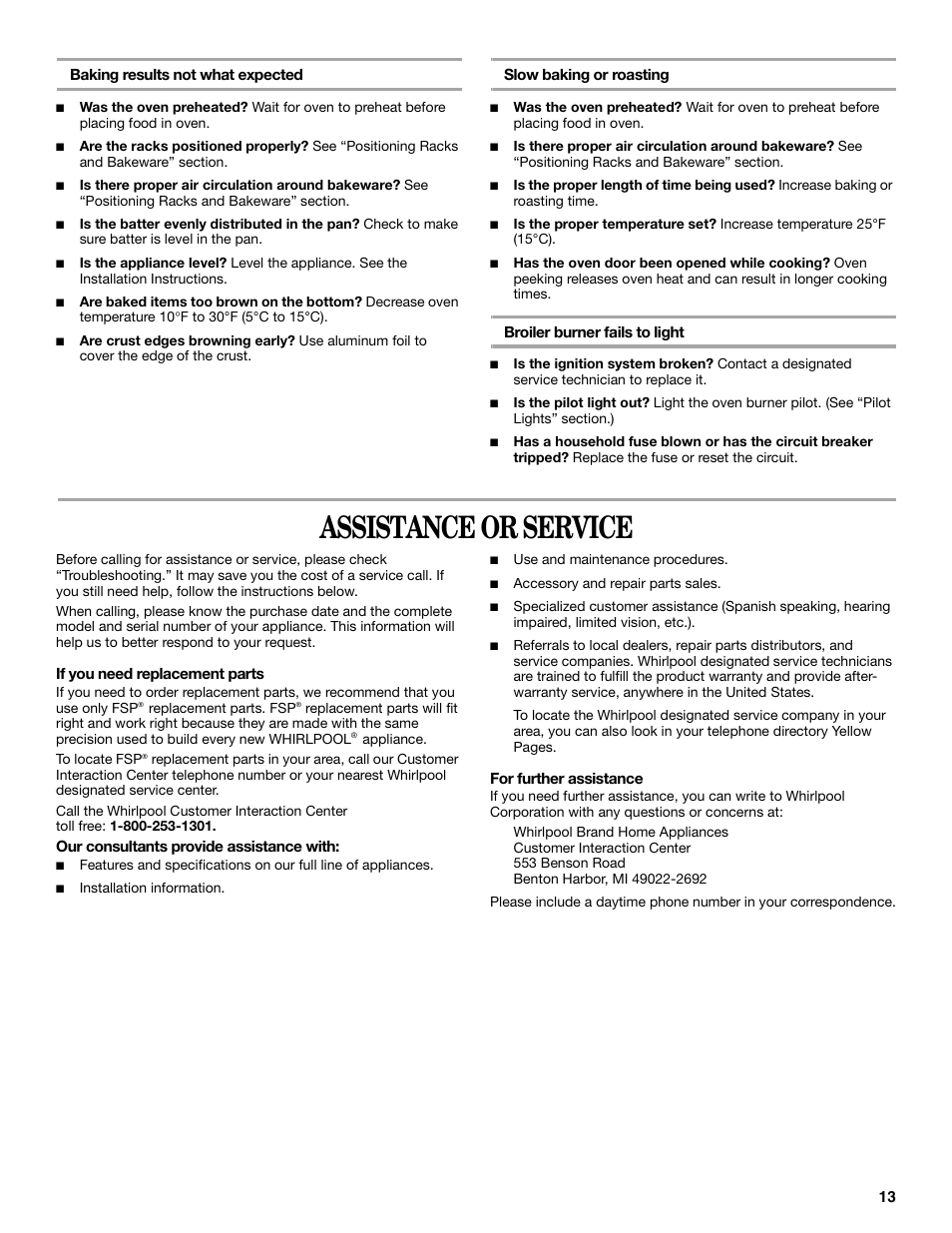 Assistance or service | Whirlpool 98017488 User Manual | Page 13 / 28