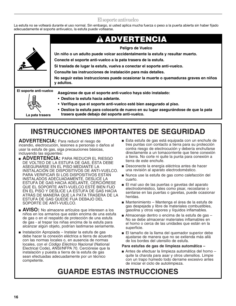 Advertencia, Guarde estas instrucciones, Instrucciones importantes de seguridad | El soporte antivuelco, Aviso | Whirlpool 98017488 User Manual | Page 16 / 28