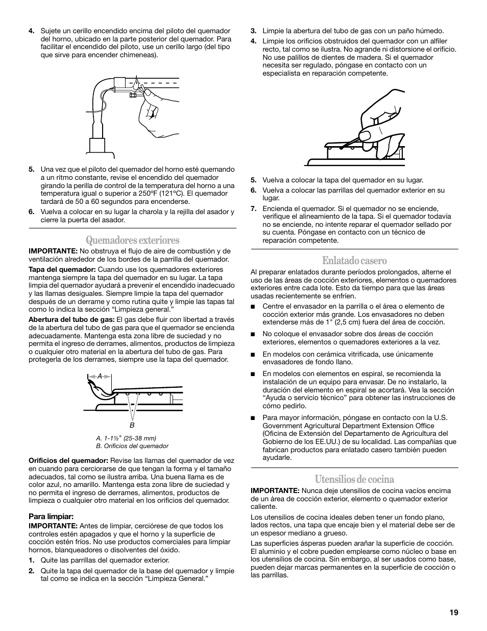 Quemadores exteriores, Enlatado casero, Utensilios de cocina | Whirlpool 98017488 User Manual | Page 19 / 28