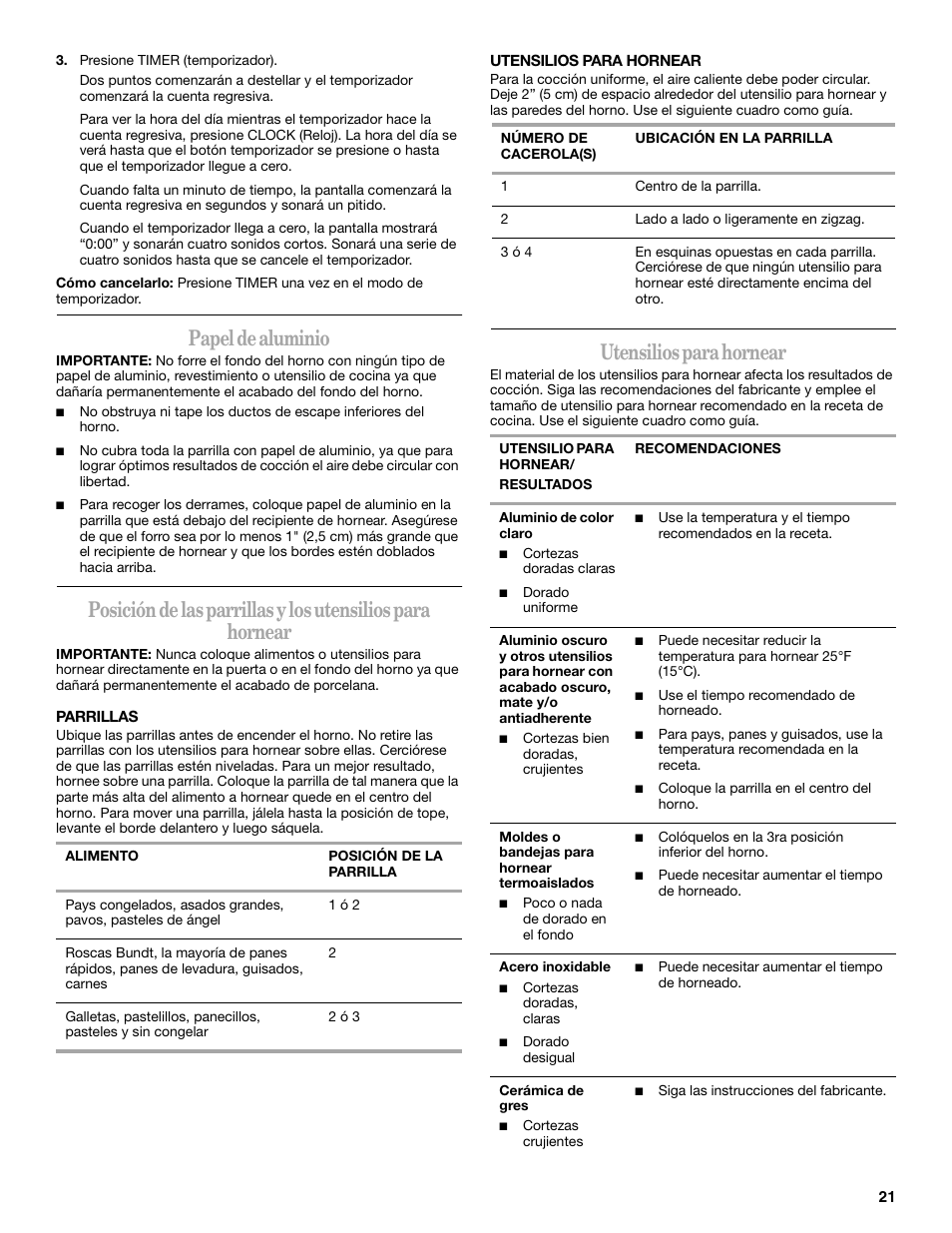 Papel de aluminio, Utensilios para hornear | Whirlpool 98017488 User Manual | Page 21 / 28