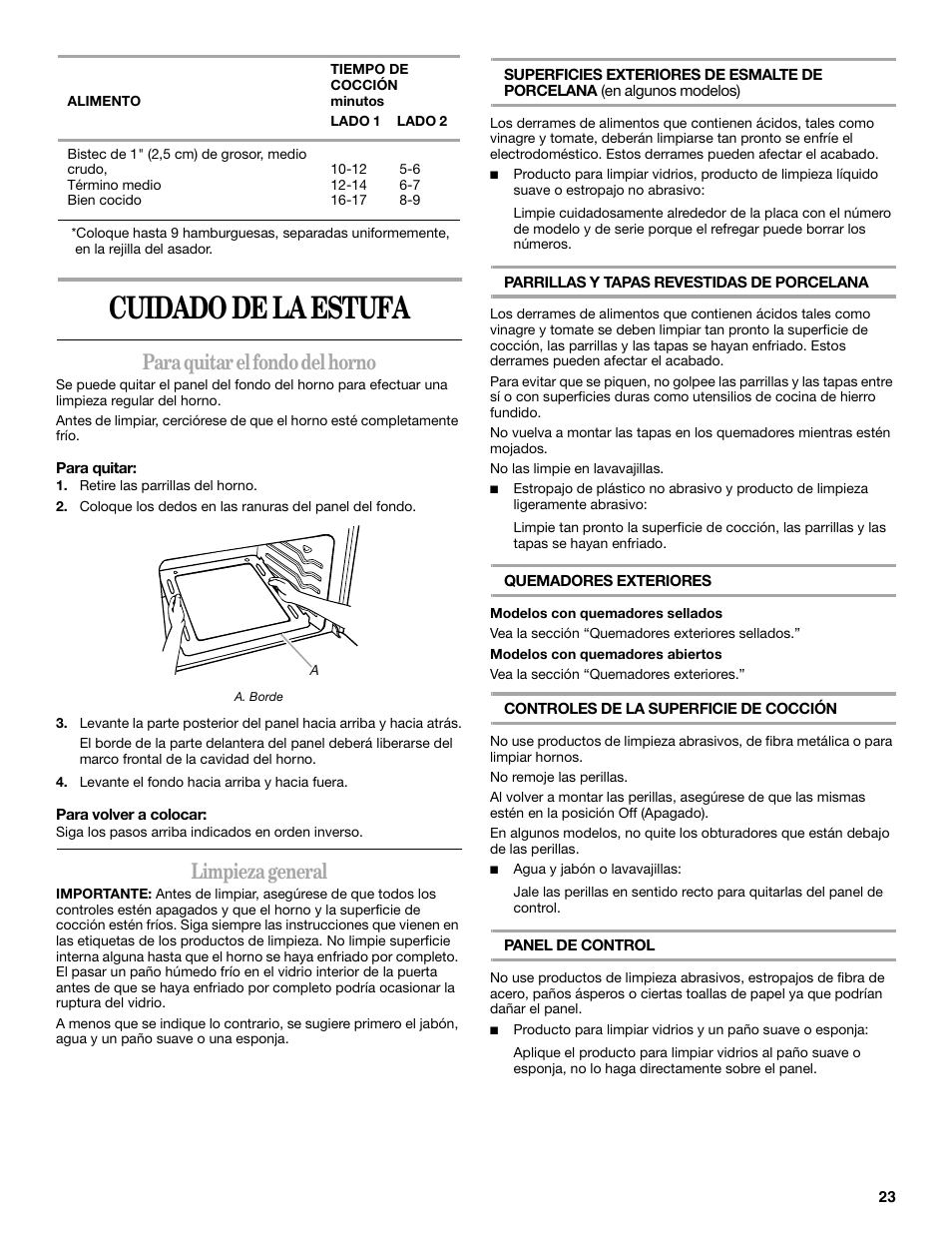 Cuidado de la estufa, Para quitar el fondo del horno, Limpieza general | Whirlpool 98017488 User Manual | Page 23 / 28