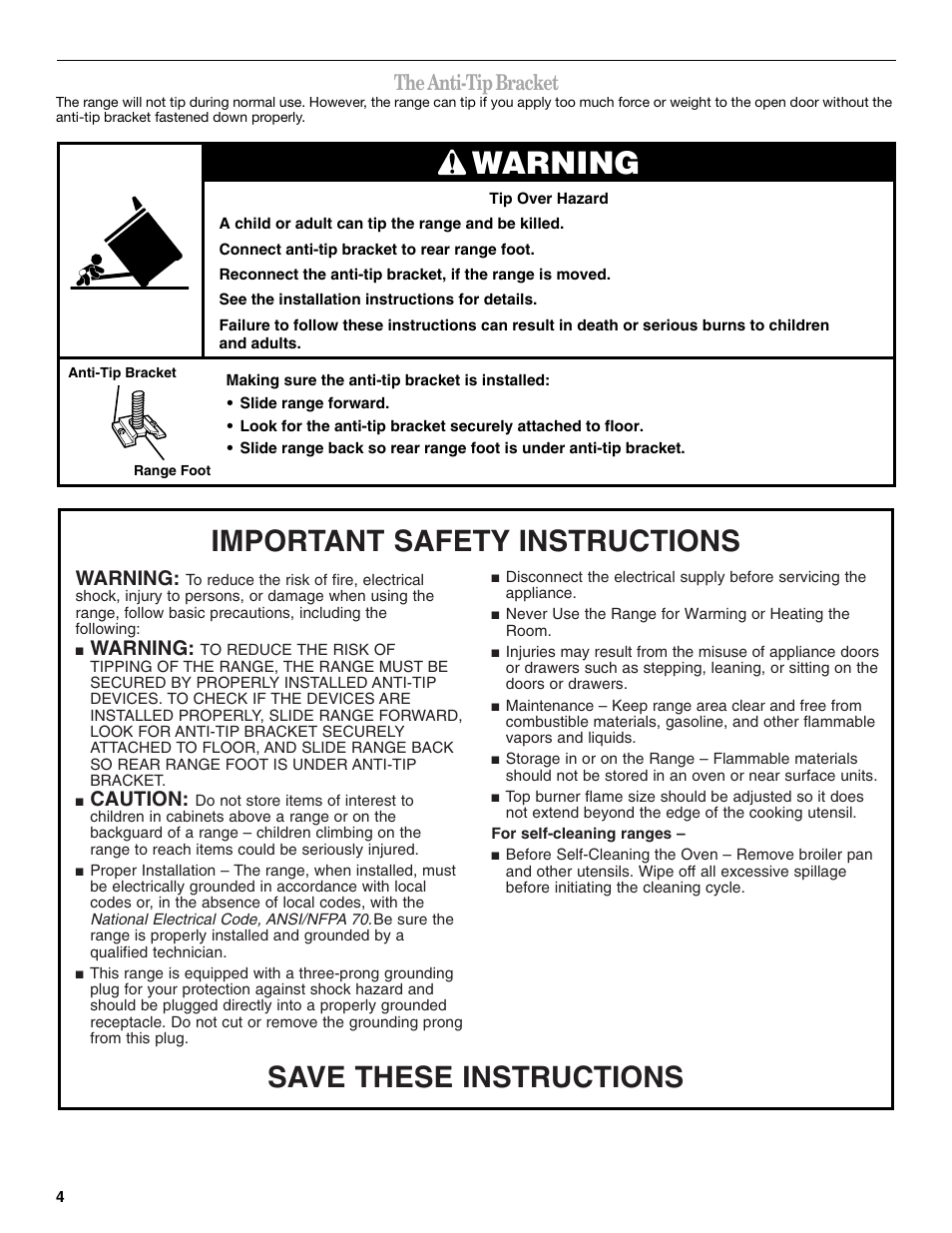 Warning, Save these instructions, Important safety instructions | The anti-tip bracket, Caution | Whirlpool 98017488 User Manual | Page 4 / 28