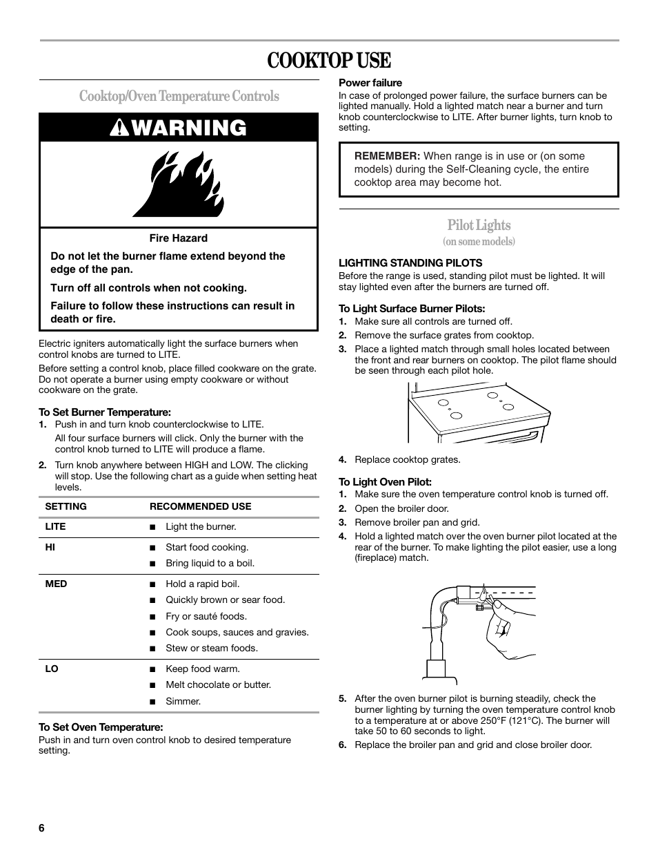 Cooktop use, Warning, Cooktop/oven temperature controls | Pilot lights | Whirlpool 98017488 User Manual | Page 6 / 28