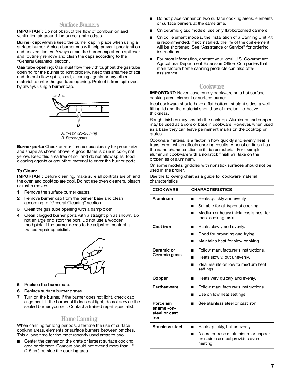 Surface burners, Home canning, Cookware | Whirlpool 98017488 User Manual | Page 7 / 28