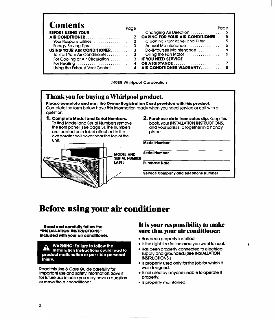 Thank you for buying a whirlpool product, Before using your air conditioner | Whirlpool ACE082XS0 User Manual | Page 2 / 8
