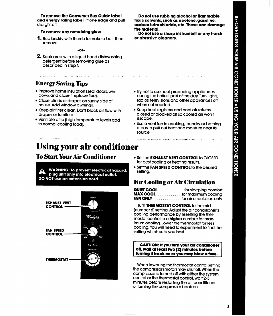 Energy saving tips, Using your air conditioner, To start your air conditioner | For cooling or air circulation | Whirlpool ACE082XS0 User Manual | Page 3 / 8