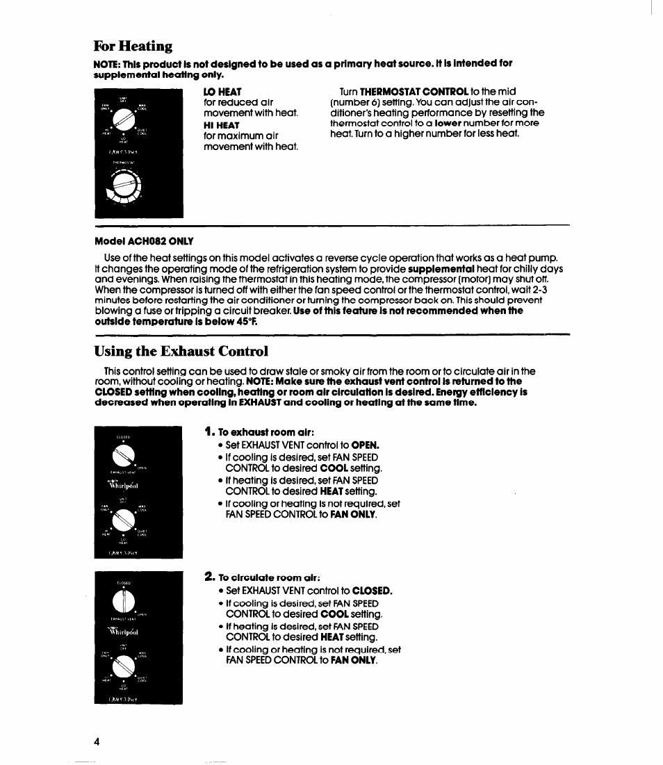 For heating, Using the exhaust control | Whirlpool ACE082XS0 User Manual | Page 4 / 8