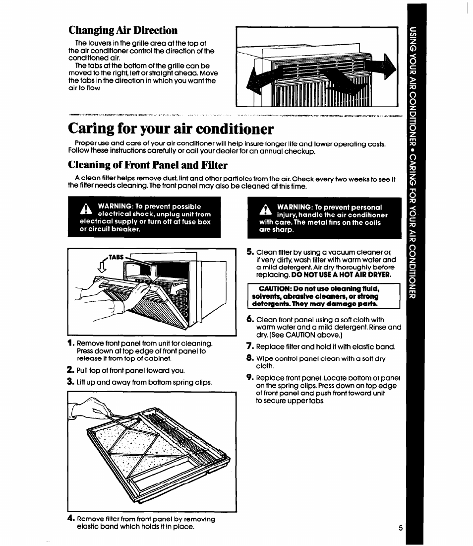 Changing air direction, Caring for your air conditioner, Cleaning of front panel and futer | Whirlpool ACE082XS0 User Manual | Page 5 / 8