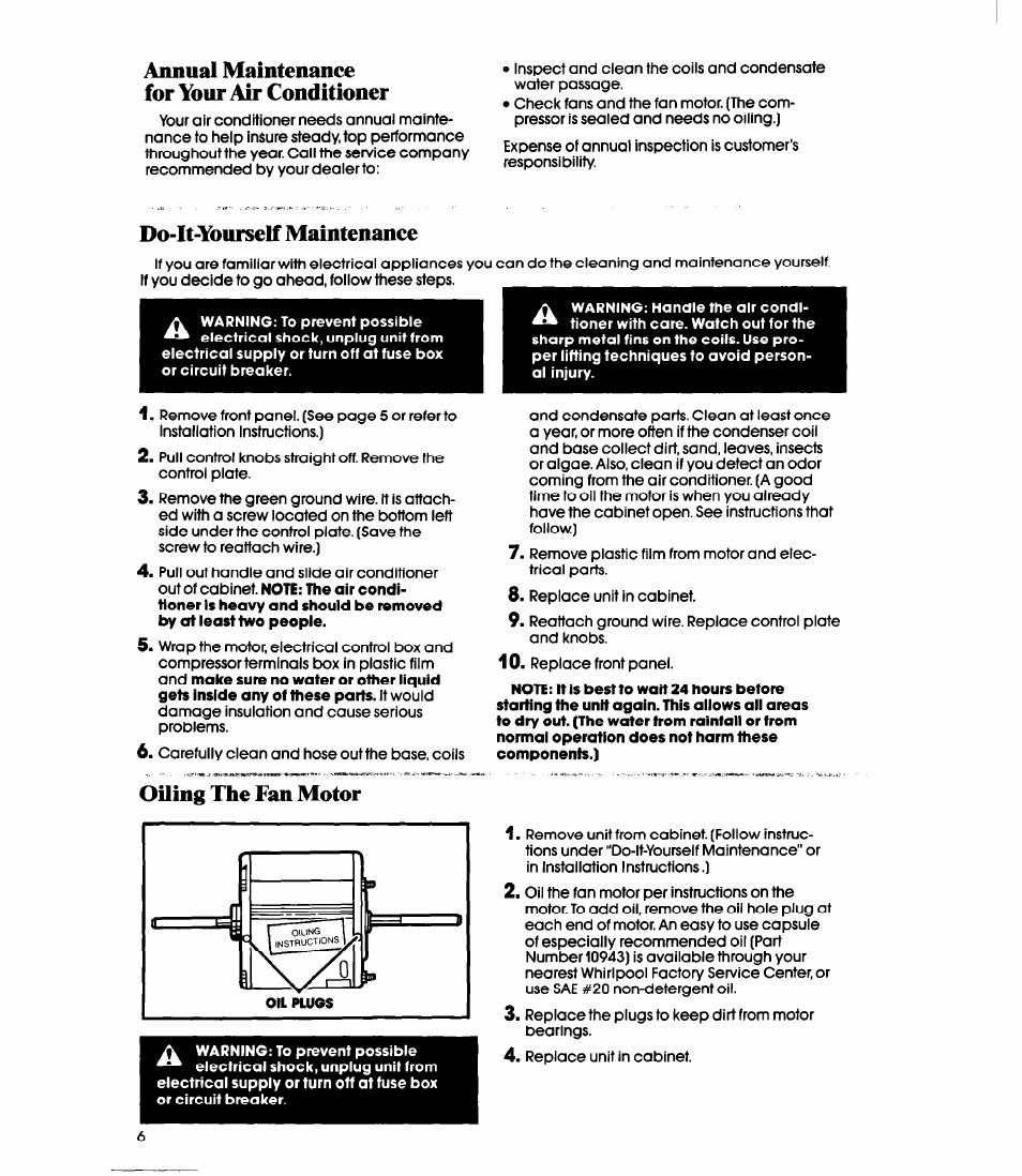 Annual maintenance for your air conditioner, Do-it-yourself maintenance, Oiling the fan motor | Whirlpool ACE082XS0 User Manual | Page 6 / 8