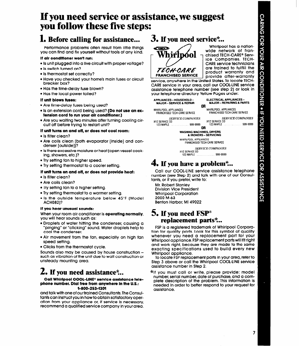 Before calling for assistance * u you need service, If you need assistanee, Whiflpool | If you have a problem, If you need fsp® replacement parts, Before calling for assistance, U you need service | Whirlpool ACE082XS0 User Manual | Page 7 / 8