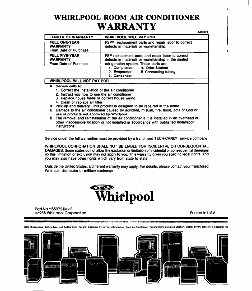 Warranty, Whirlpool room air conditioner, Ac001 | Whirlpool ACE082XS0 User Manual | Page 8 / 8