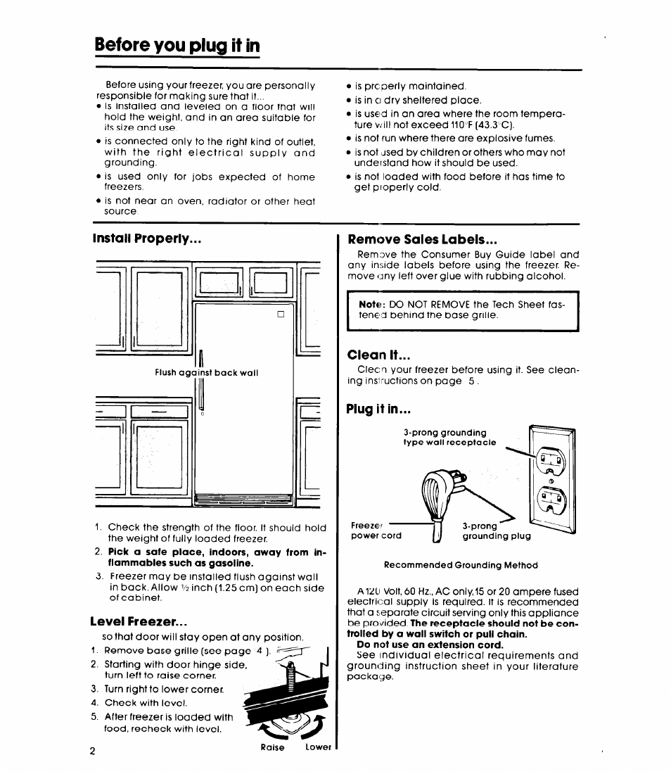 Install properly, Level freezer, Remove sales labels | Clean it, Plug it in, Before you plug it in | Whirlpool EV150NXK User Manual | Page 2 / 8