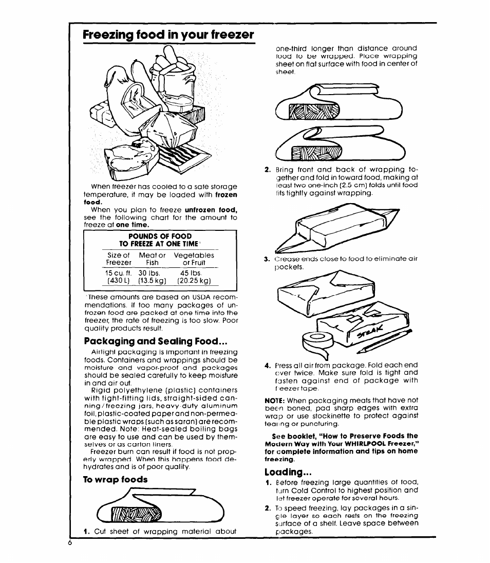 Packaging and sealing food, To wrap foods, Loading | Freezing food in your freezer | Whirlpool EV150NXK User Manual | Page 6 / 8