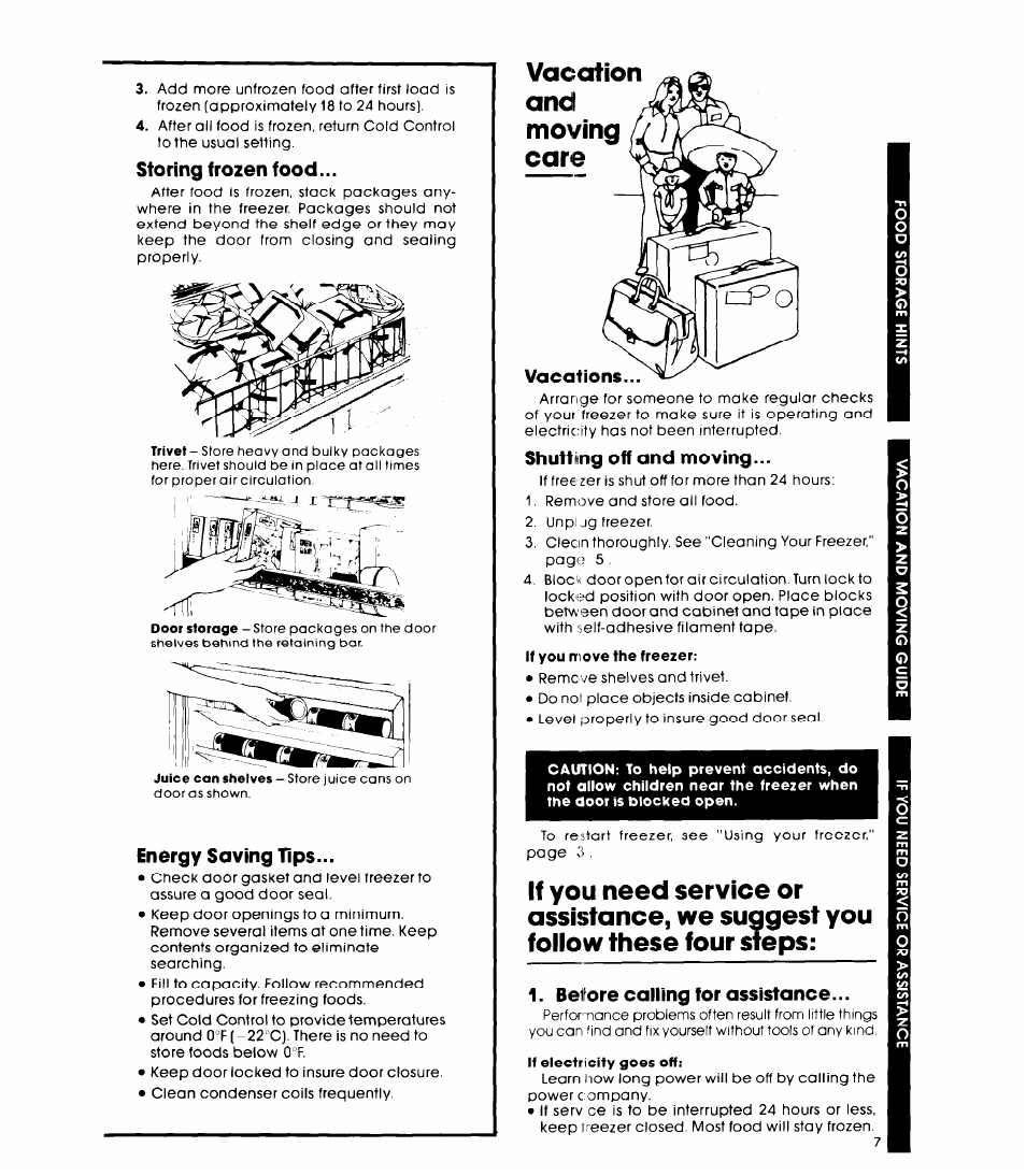 Storing frozen food, Energy saving tips, Shutting off and moving | Before calling for assistance | Whirlpool EV150NXK User Manual | Page 7 / 8